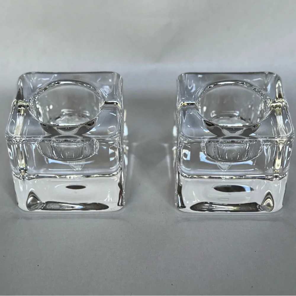 Orrefors Sweden Crystal Ice Cube Votive Candle Holders Signed Set of 2